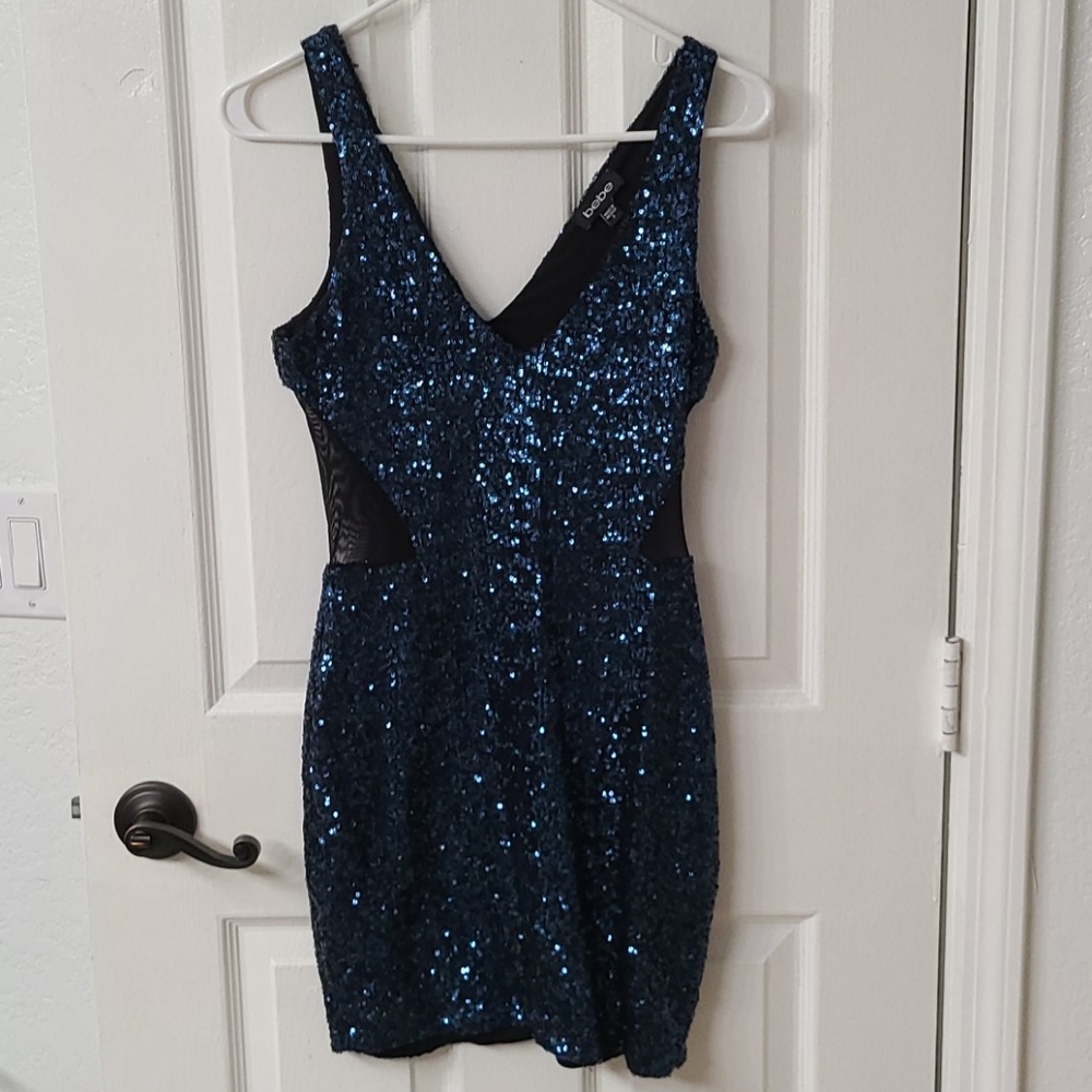 Bebe Blue sequin mini dress;
